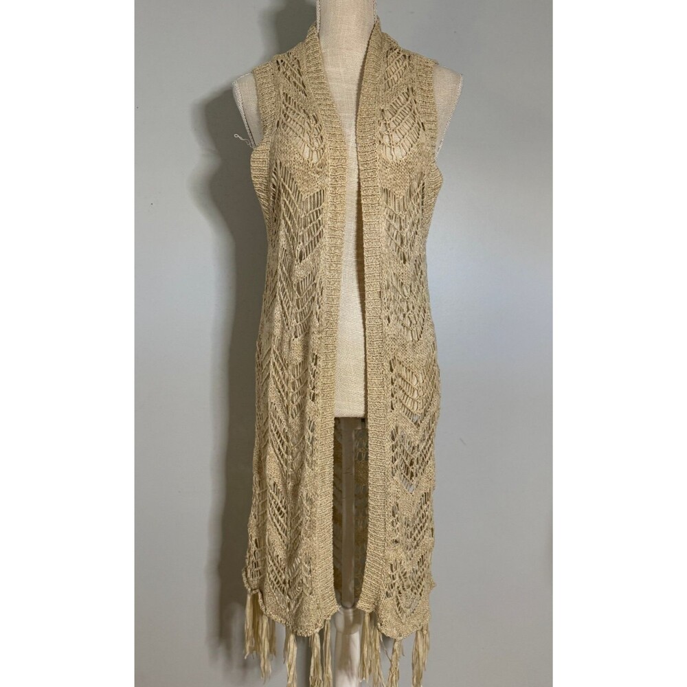 NEW Mystree Boho Knit Open Weave Sleeveless Cardigan Fringe Size S Festival